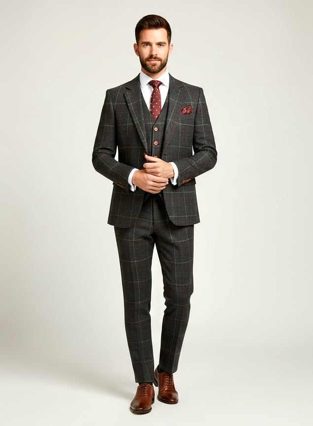 Country Green Overcheck Plaid Tweed Suit