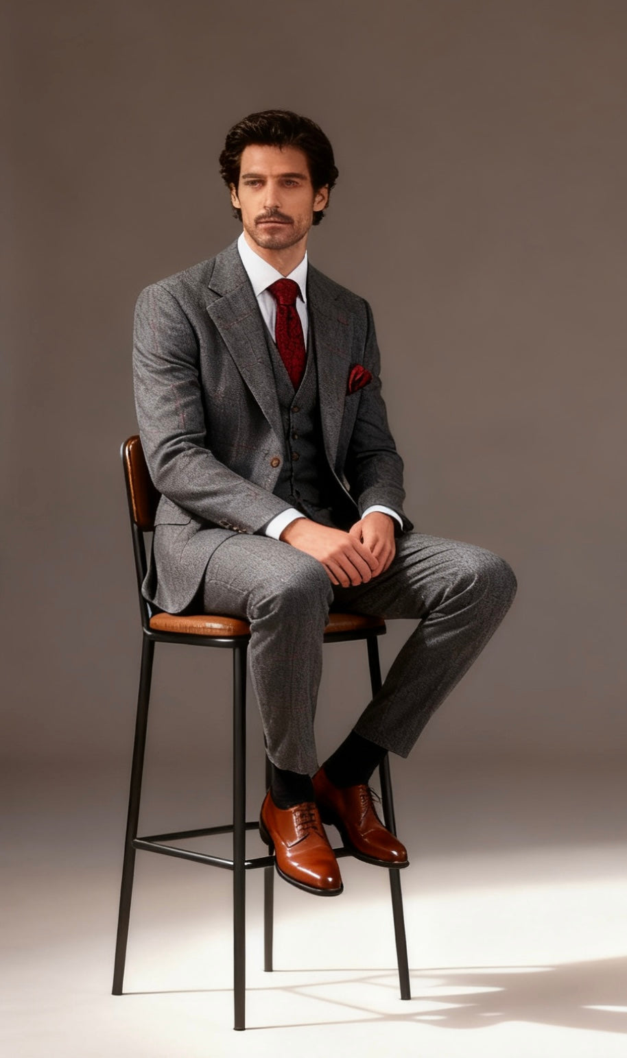 Grey Herringbone Plaid Tweed Suit