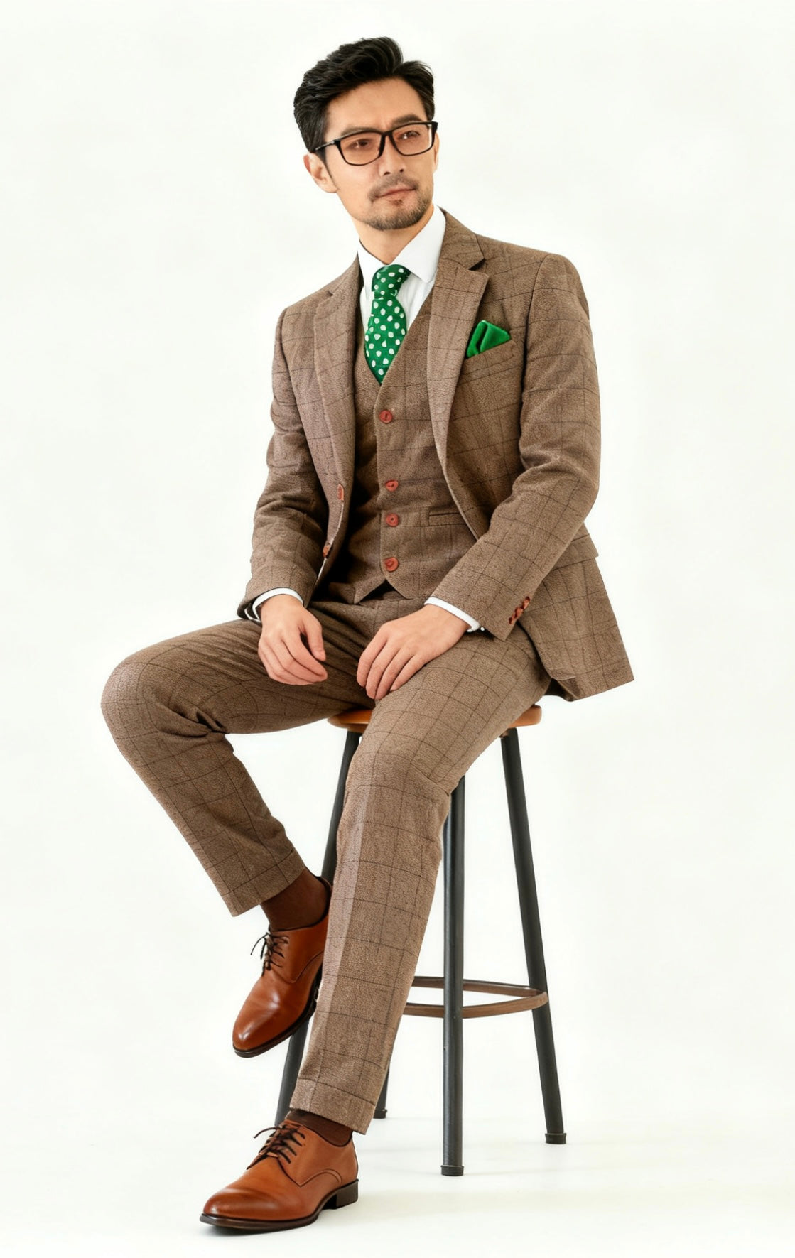 Vintage Brown Herringbone Plaid Tweed Suit