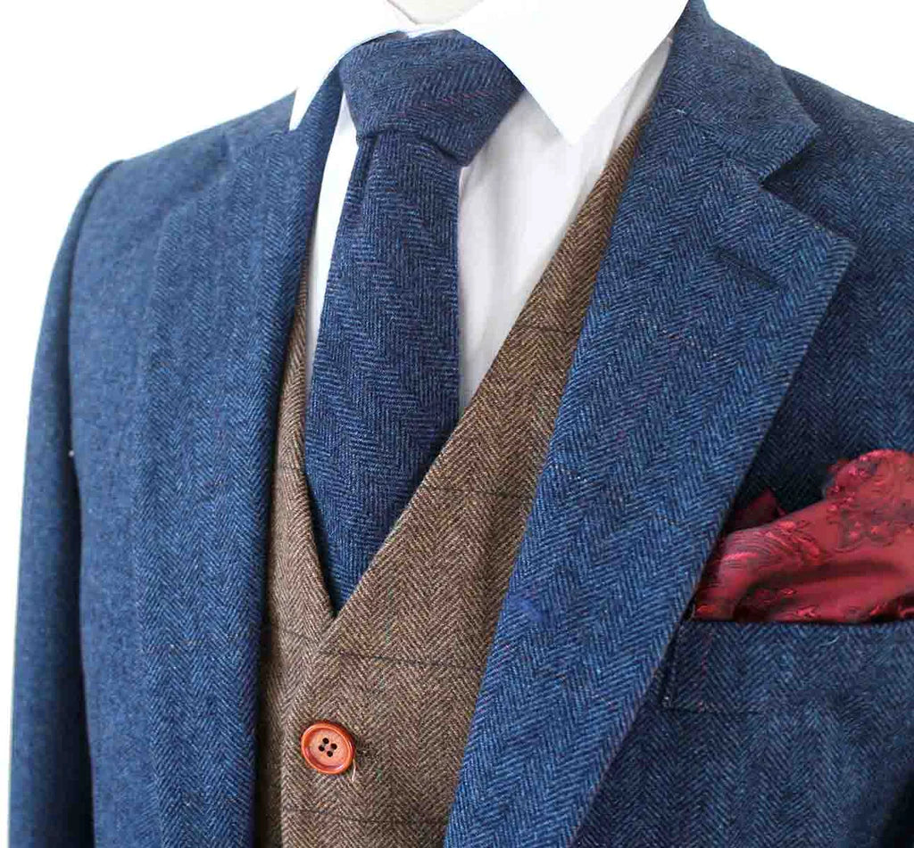 Blue Herringbone Plaid Mix & Match Tweed Suit