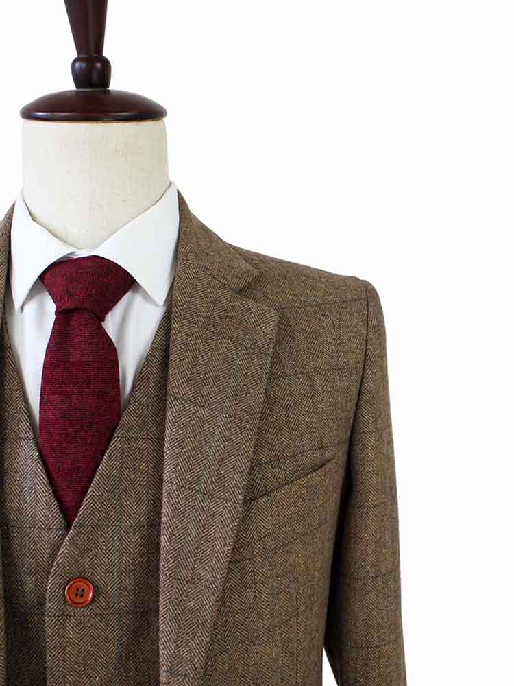 Vintage Brown Herringbone Plaid Tweed Suit