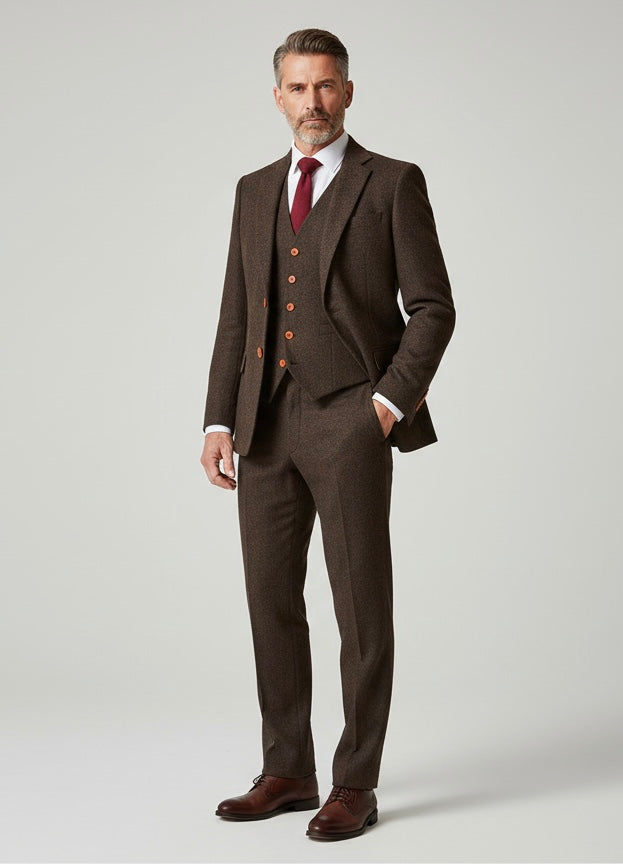 Dark Brown Herringbone Tweed Suit