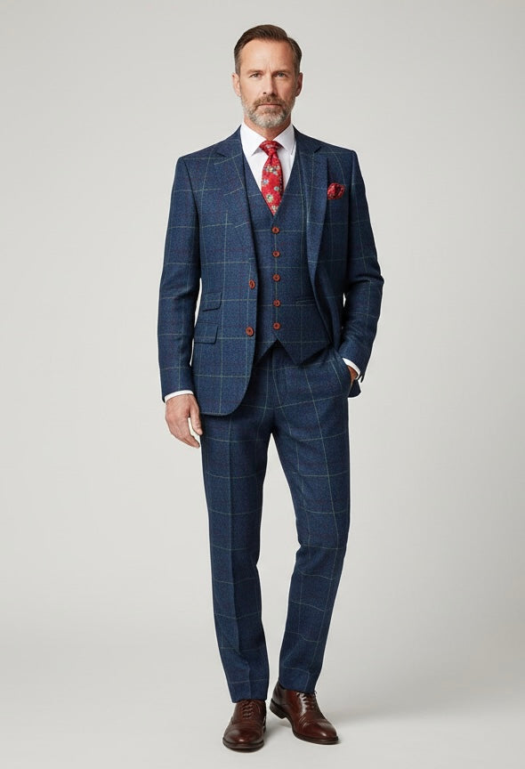 Blue Overcheck Plaid Tweed Suit