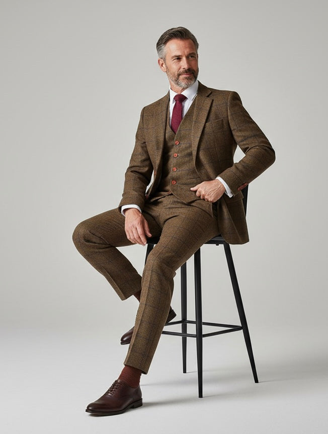 Country Brown Plaid Tweed Suit