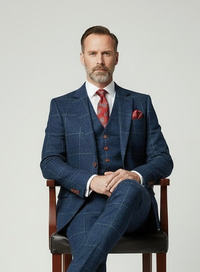 Blue Overcheck Plaid Tweed Suit