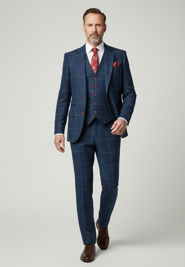 Blue Overcheck Plaid Tweed Suit