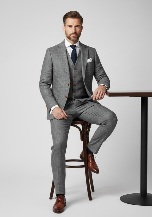 Classic Grey Herringbone Tweed Suit
