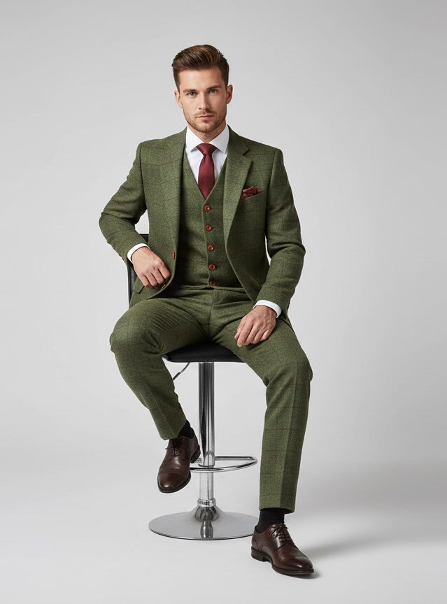 Olive Green Plaid Tweed Suit