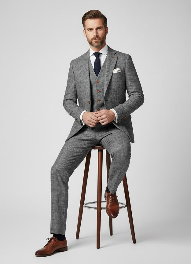 Classic Grey Herringbone Tweed Suit