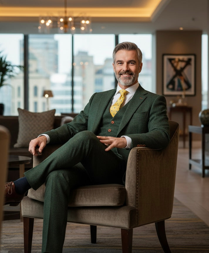 Classic Green Herringbone Tweed Suit