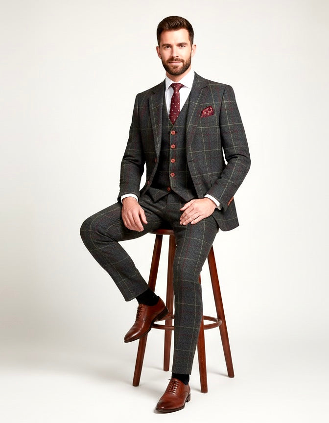 Country Green Overcheck Plaid Tweed Suit
