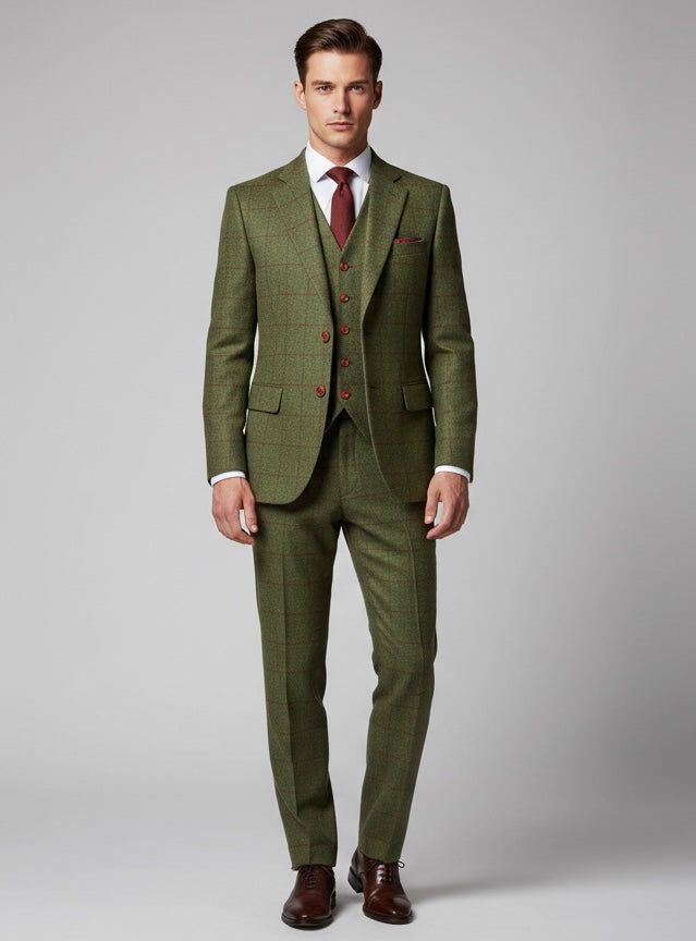 Olive Green Plaid Tweed Suit