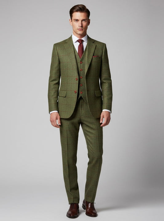 Olive Green Plaid Tweed Suit