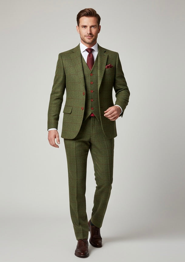 Olive Green Plaid Tweed Suit