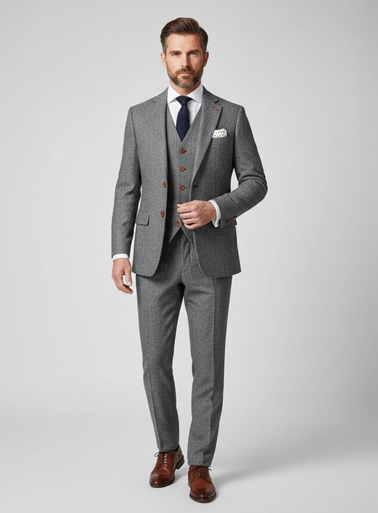 Classic Grey Herringbone Tweed Suit