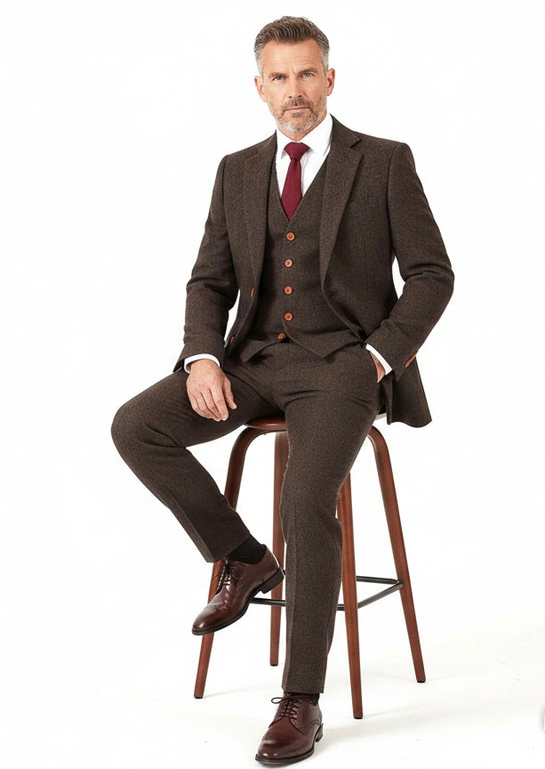 Dark Brown Herringbone Tweed Suit