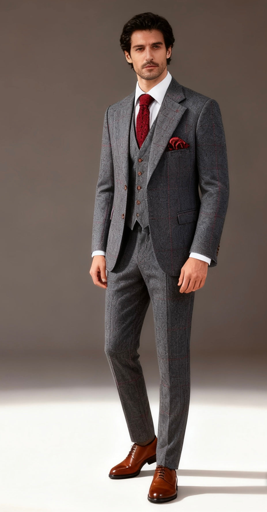 Grey Herringbone Plaid Tweed Suit