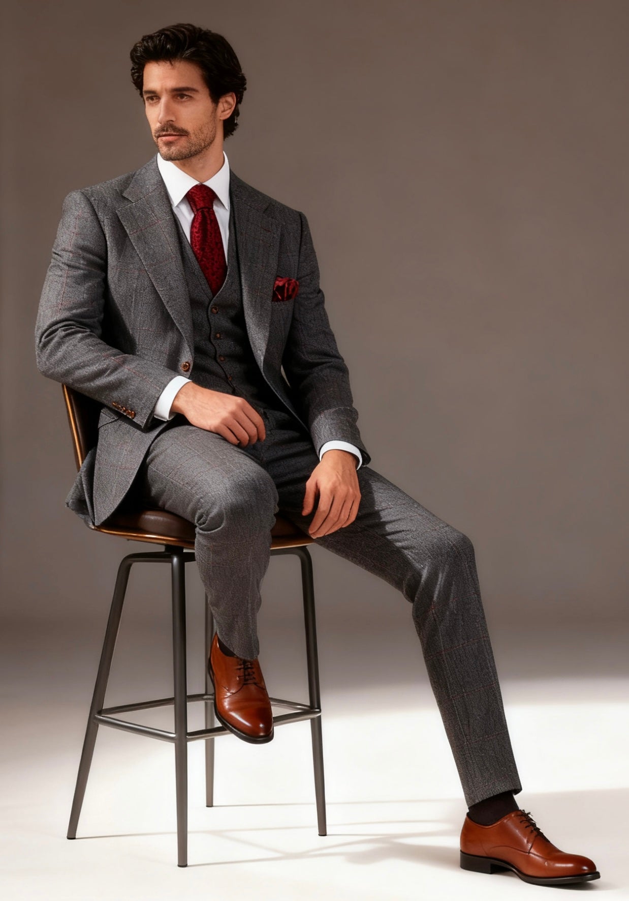 Grey Herringbone Plaid Tweed Suit