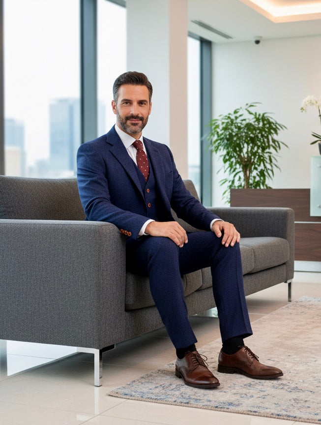 Navy Herringbone Tweed Suit