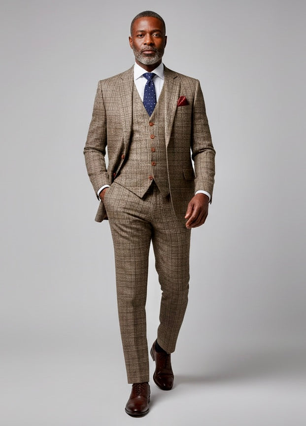 Retro Brown Overcheck Tweed Suit