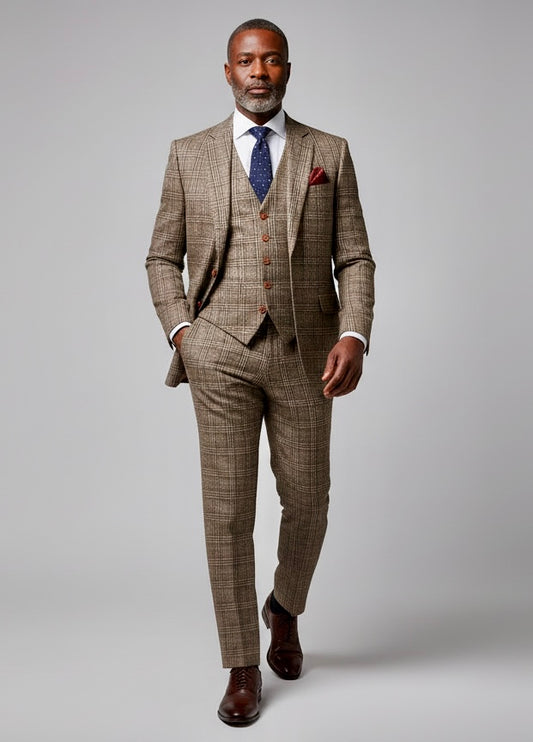 Retro Brown Overcheck Tweed Suit