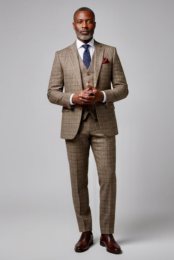 Retro Brown Overcheck Tweed Suit