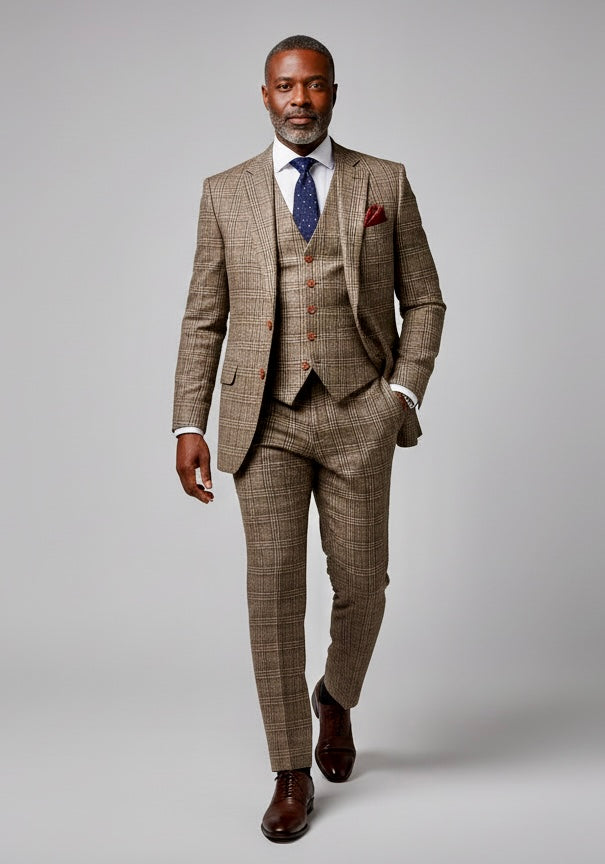 Retro Brown Overcheck Tweed Suit