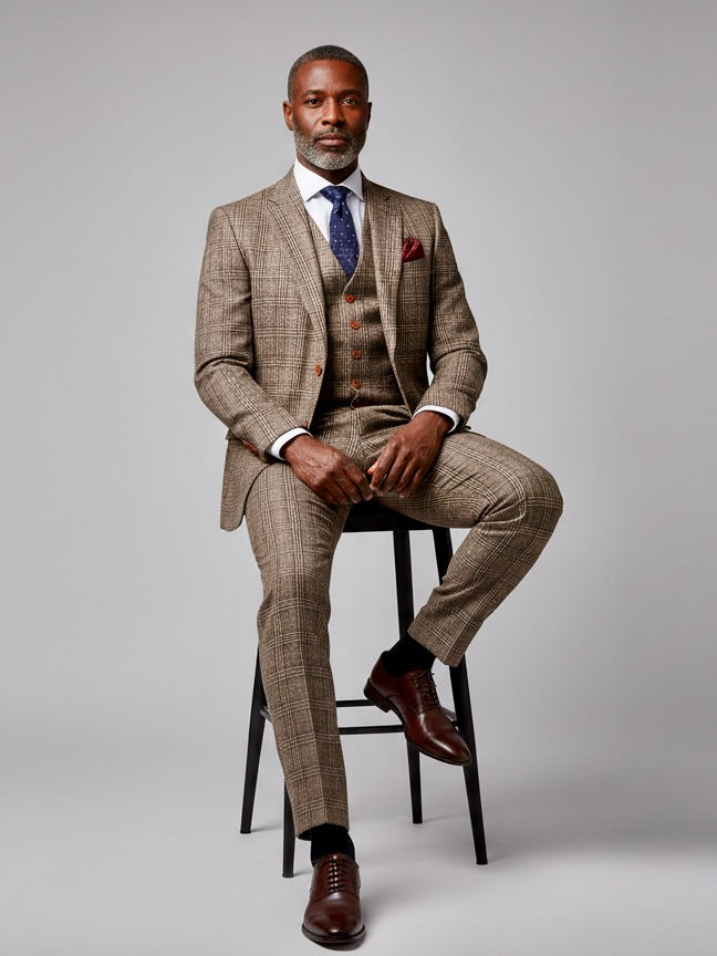 Retro Brown Overcheck Tweed Suit