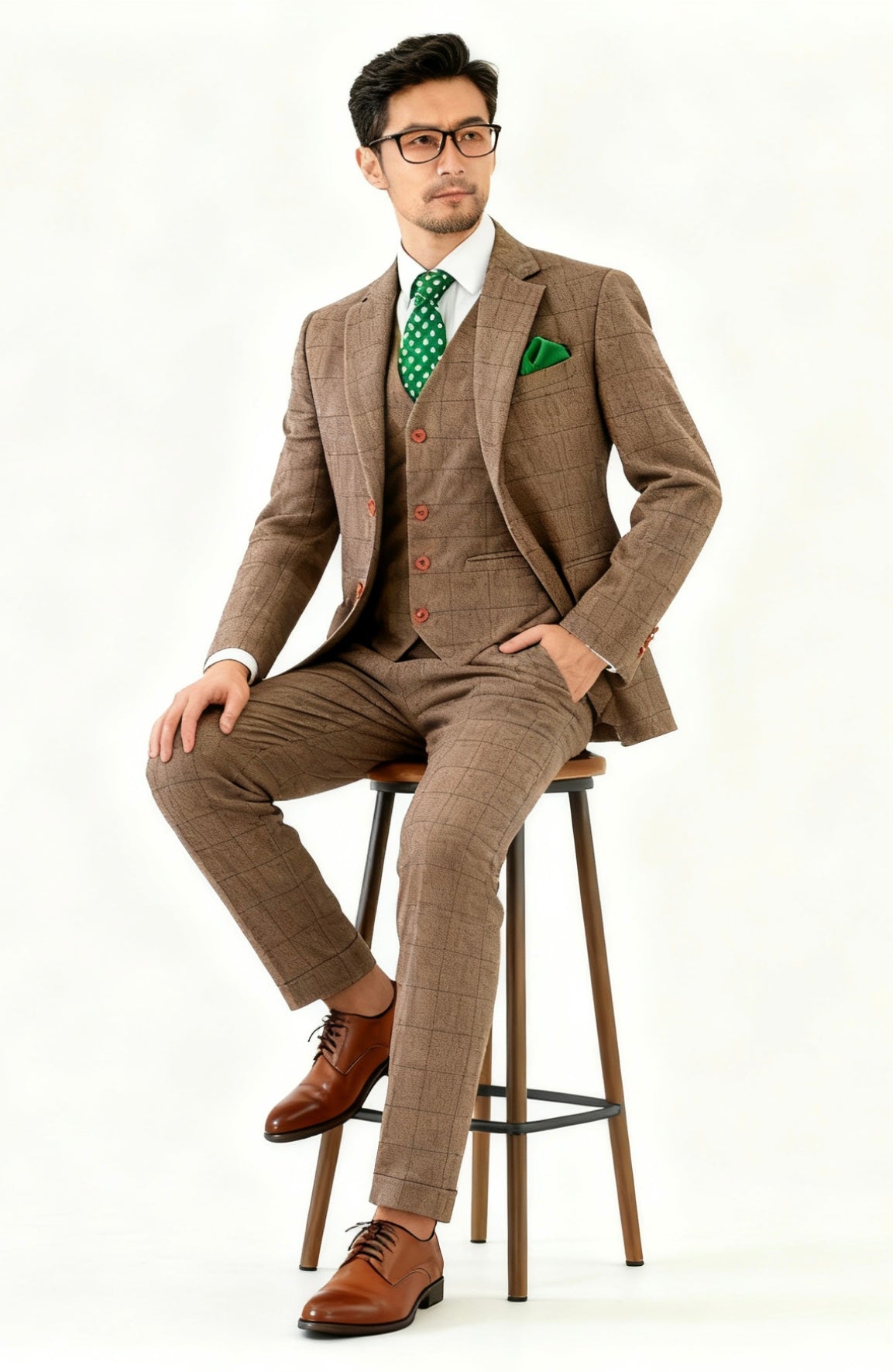 Vintage Brown Herringbone Plaid Tweed Suit