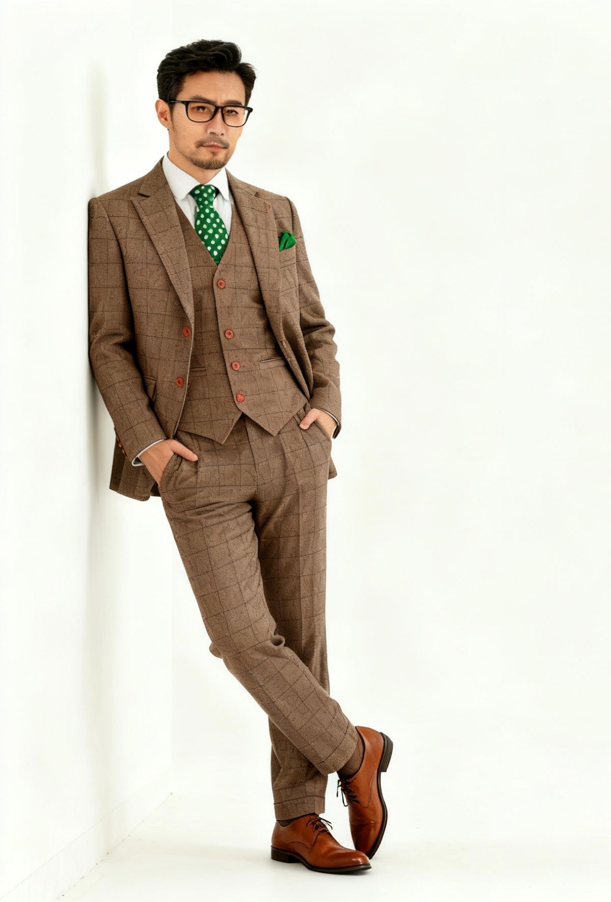 Vintage Brown Herringbone Plaid Tweed Suit