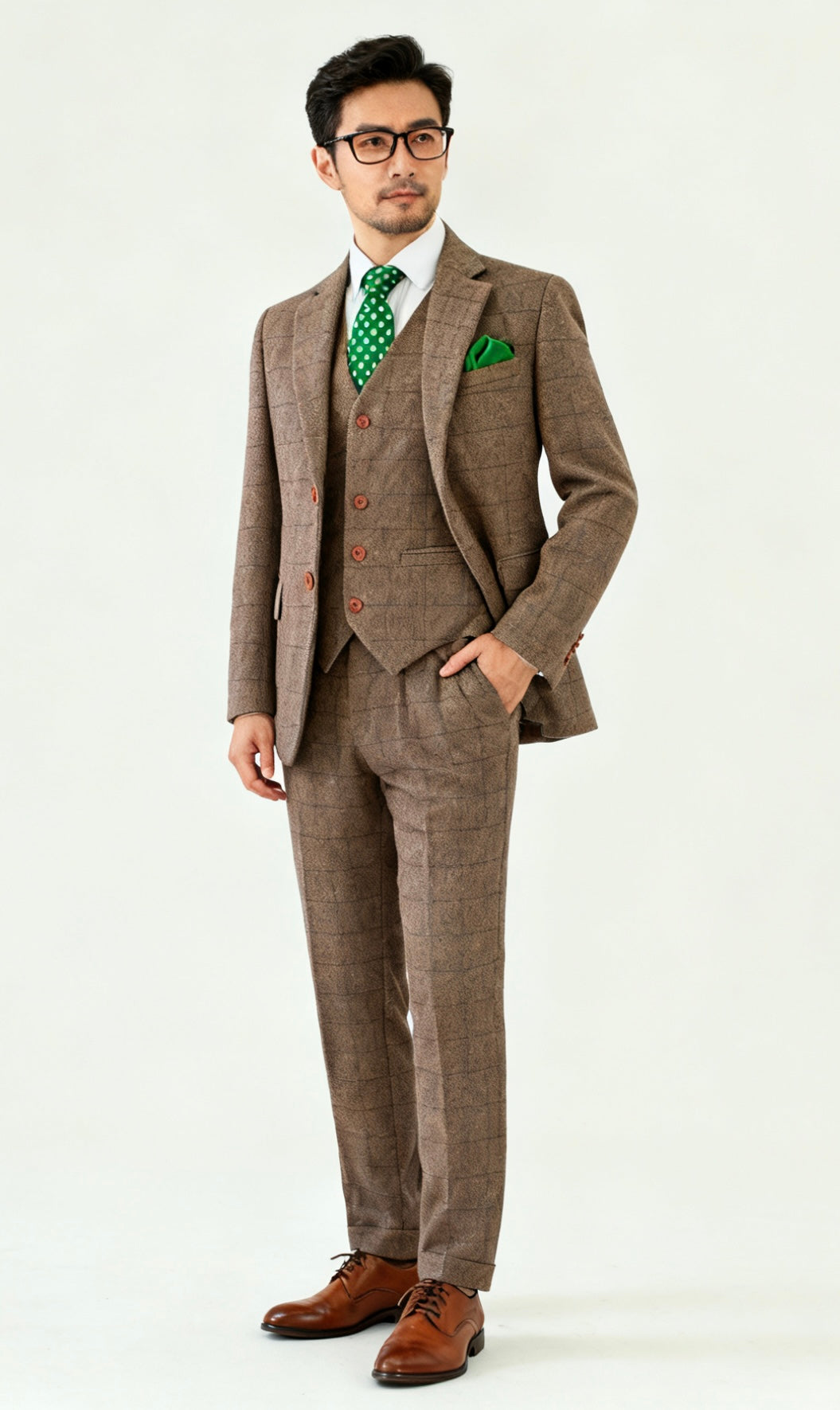 Vintage Brown Herringbone Plaid Tweed Suit