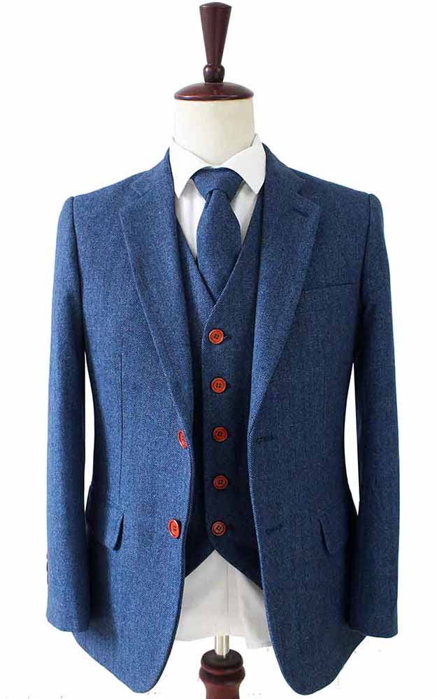 Blue Herringbone Tweed Suit