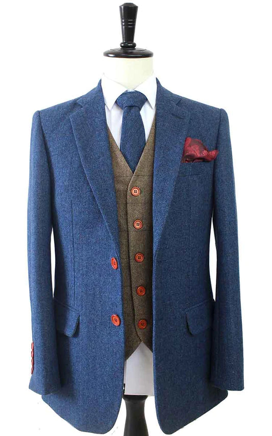 Blue Herringbone Plaid Mix & Match Tweed Suit
