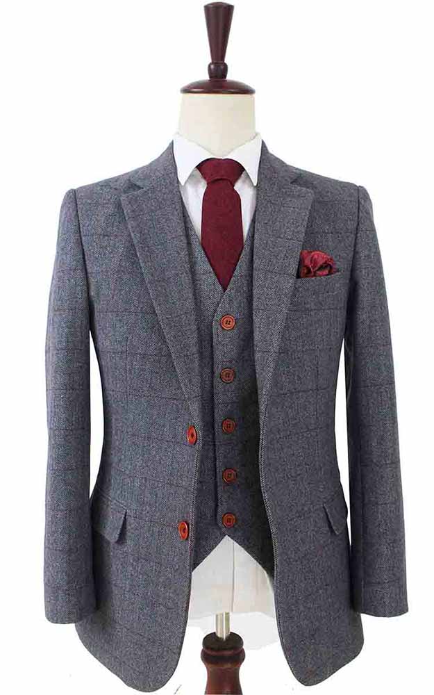 Grey Herringbone Plaid Tweed Suit