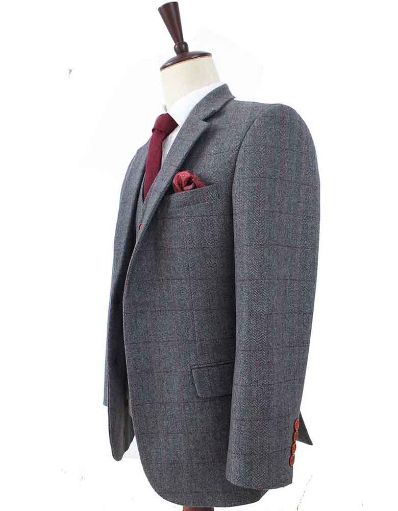 Grey Herringbone Plaid Tweed Suit