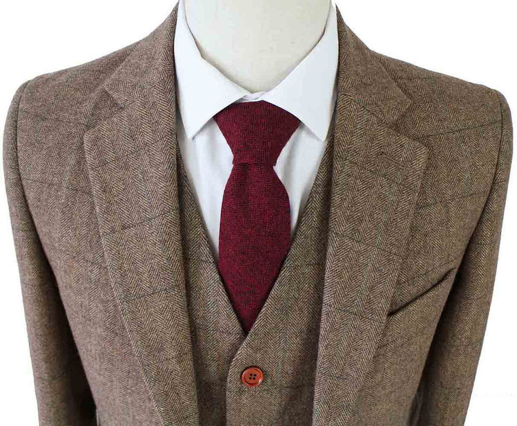 Vintage Brown Herringbone Plaid Tweed Suit