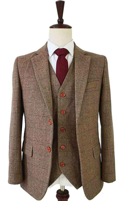 Vintage Brown Herringbone Plaid Tweed Suit
